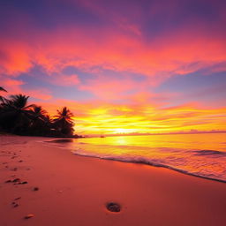 A captivating sunset scene characterized by a breathtaking array of orange, pink, and purple hues blending seamlessly across a clear sky above a serene beach