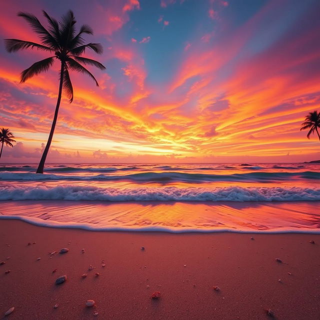 A captivating sunset scene characterized by a breathtaking array of orange, pink, and purple hues blending seamlessly across a clear sky above a serene beach