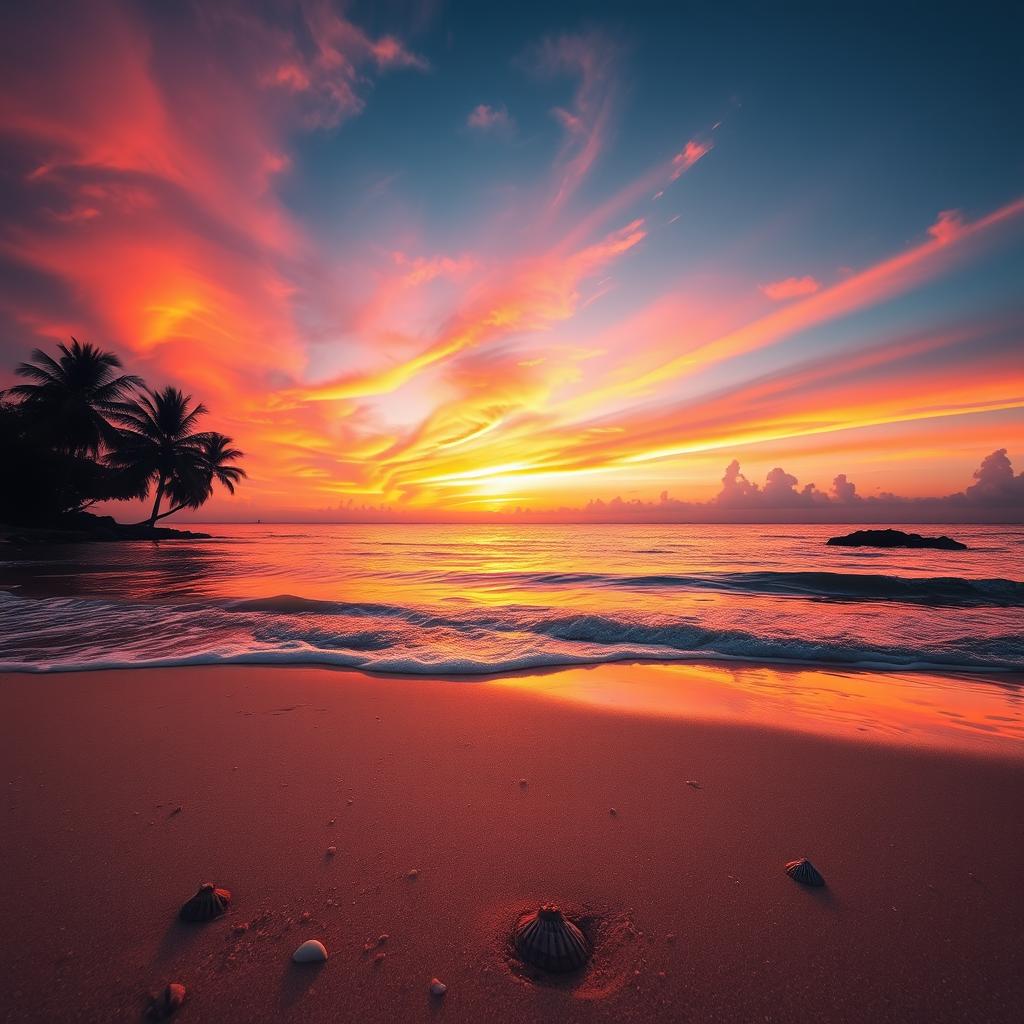 A captivating sunset scene characterized by a breathtaking array of orange, pink, and purple hues blending seamlessly across a clear sky above a serene beach