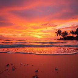 A captivating sunset scene characterized by a breathtaking array of orange, pink, and purple hues blending seamlessly across a clear sky above a serene beach