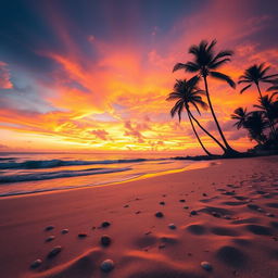 A captivating sunset scene showcasing a glorious blend of orange, pink, and purple hues softly merging in the sky over a serene beach