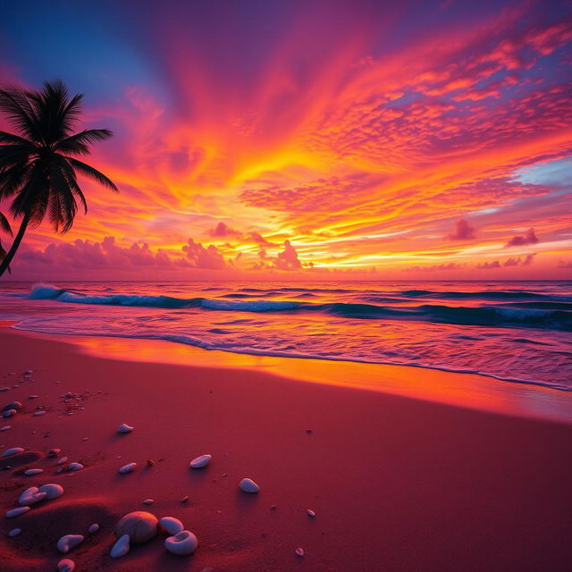 A captivating sunset scene showcasing a glorious blend of orange, pink, and purple hues softly merging in the sky over a serene beach