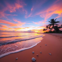 A captivating sunset scene showcasing a glorious blend of orange, pink, and purple hues softly merging in the sky over a serene beach
