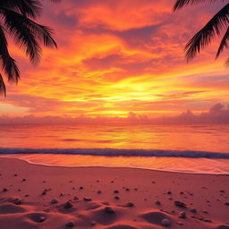 A captivating sunset scene featuring a stunning array of orange, pink, and purple hues dramatically painted across the sky above a serene beach