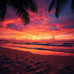 A captivating sunset scene featuring a stunning array of orange, pink, and purple hues dramatically painted across the sky above a serene beach