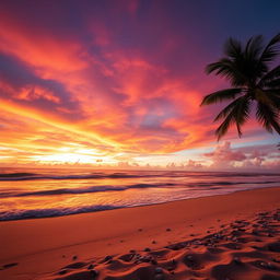 A captivating sunset scene featuring a stunning array of orange, pink, and purple hues dramatically painted across the sky above a serene beach