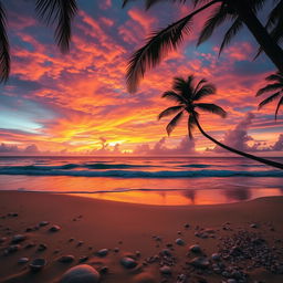 A captivating sunset scene featuring a stunning array of orange, pink, and purple hues dramatically painted across the sky above a serene beach