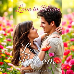 A romantic book cover featuring a realistic looking couple embracing passionately in a lush, vibrant garden filled with colorful flowers