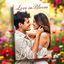 A romantic book cover featuring a realistic looking couple embracing passionately in a lush, vibrant garden filled with colorful flowers