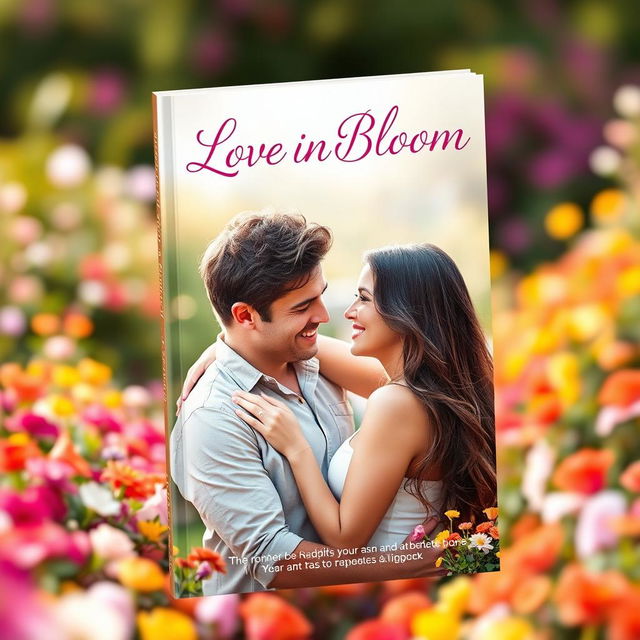 A romantic book cover featuring a realistic looking couple embracing passionately in a lush, vibrant garden filled with colorful flowers