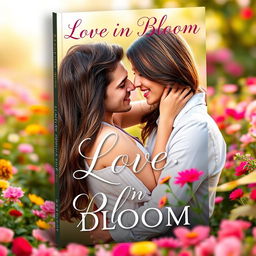 A romantic book cover featuring a realistic looking couple embracing passionately in a lush, vibrant garden filled with colorful flowers