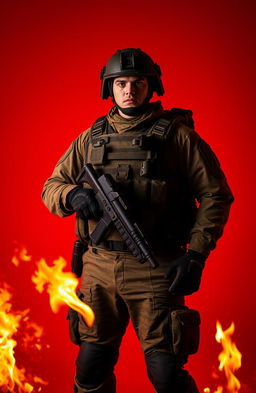 A soldier standing bravely against a vibrant red background engulfed in flames