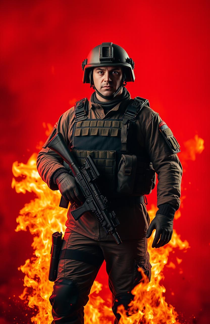 A soldier standing bravely against a vibrant red background engulfed in flames