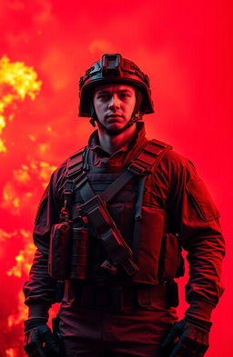 A soldier standing bravely against a vibrant red background engulfed in flames