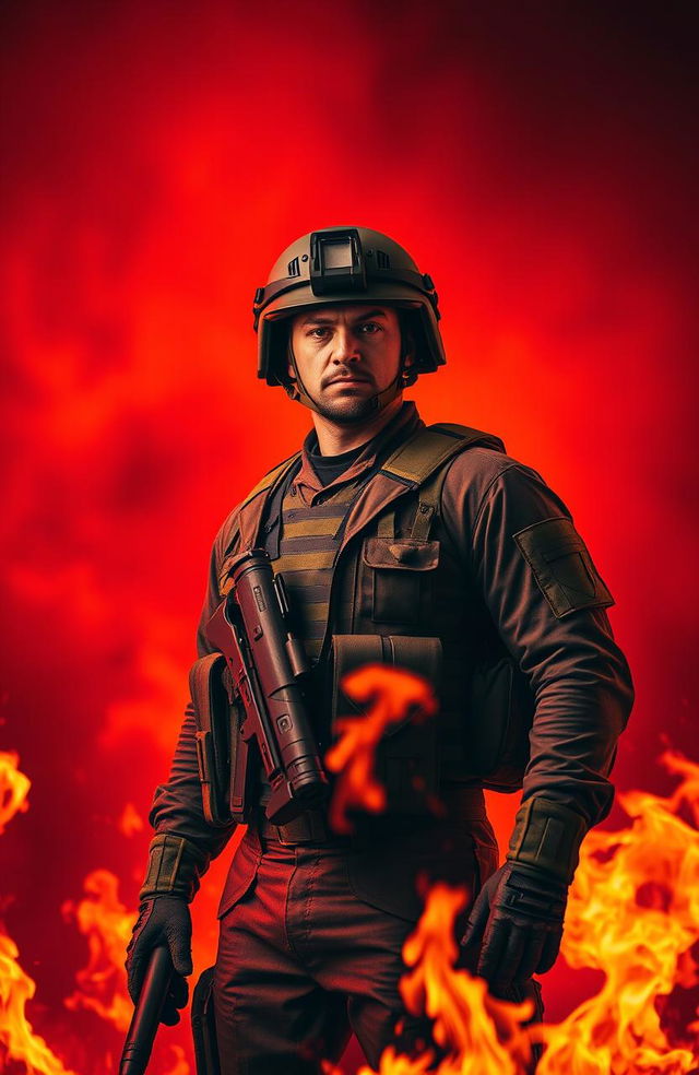 A soldier standing bravely against a vibrant red background engulfed in flames