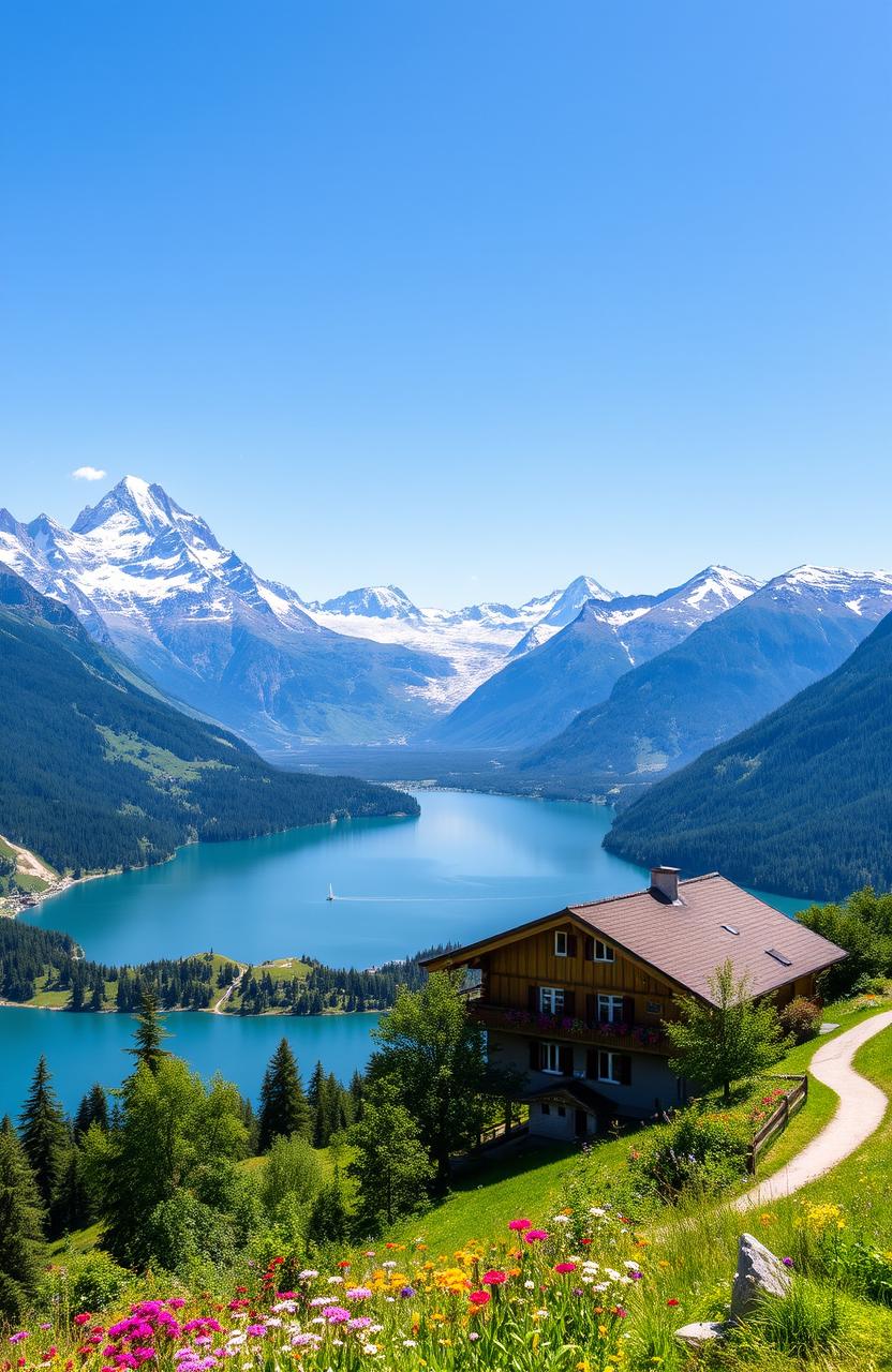 A breathtaking view of the Swiss Alps, showcasing majestic snow-capped mountains under a clear blue sky