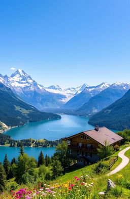 A breathtaking view of the Swiss Alps, showcasing majestic snow-capped mountains under a clear blue sky