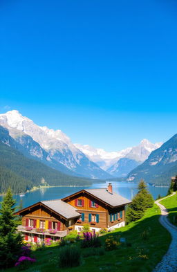 A breathtaking view of the Swiss Alps, showcasing majestic snow-capped mountains under a clear blue sky