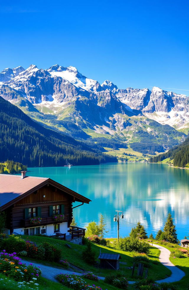 A breathtaking view of the Swiss Alps, showcasing majestic snow-capped mountains under a clear blue sky