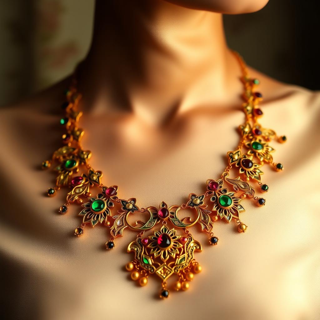 A beautifully crafted heirloom necklace that belonged to a grandmother, showcasing intricate designs inspired by Indonesian culture