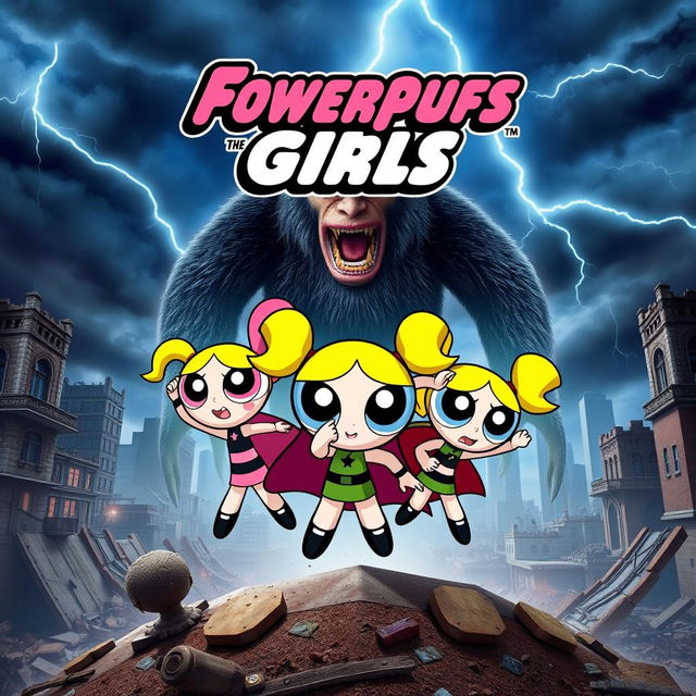 A movie poster featuring the three Powerpuff Girls, Blossom, Bubbles, and Buttercup, in dynamic poses showcasing their superpowers