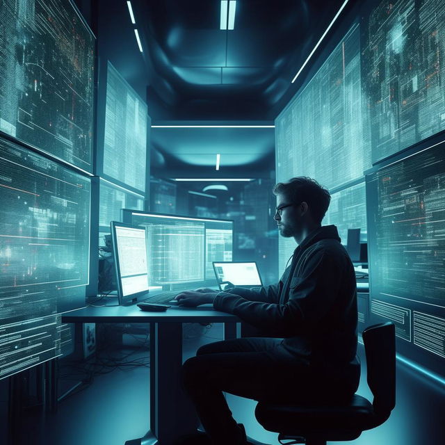 A software engineer sitting in a futuristic office, surrounded by multiple holographic screens displaying codes, while working on a high-speed computer.