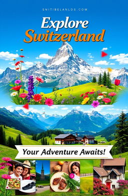 A vibrant and inviting travel agency cover page for Switzerland, featuring stunning Swiss landscapes