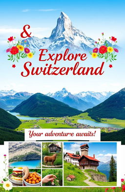 A vibrant and inviting travel agency cover page for Switzerland, featuring stunning Swiss landscapes