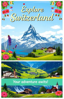 A vibrant and inviting travel agency cover page for Switzerland, featuring stunning Swiss landscapes