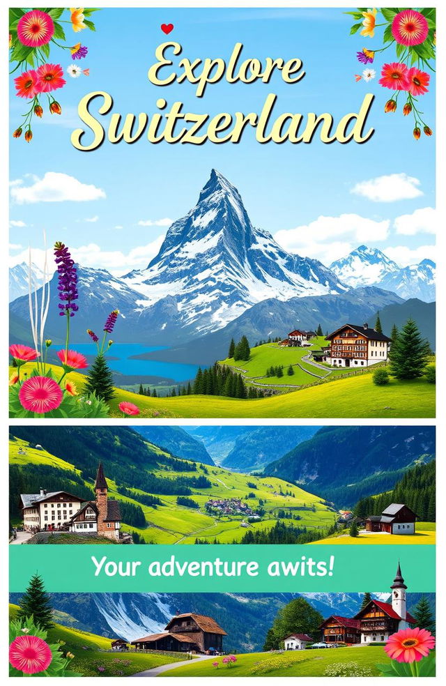 A vibrant and inviting travel agency cover page for Switzerland, featuring stunning Swiss landscapes