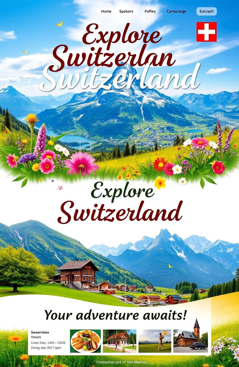 A vibrant and inviting travel agency cover page for Switzerland, featuring stunning Swiss landscapes