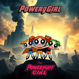 A dramatic and action-packed movie poster featuring the Powerpuff Girls standing heroically in the foreground