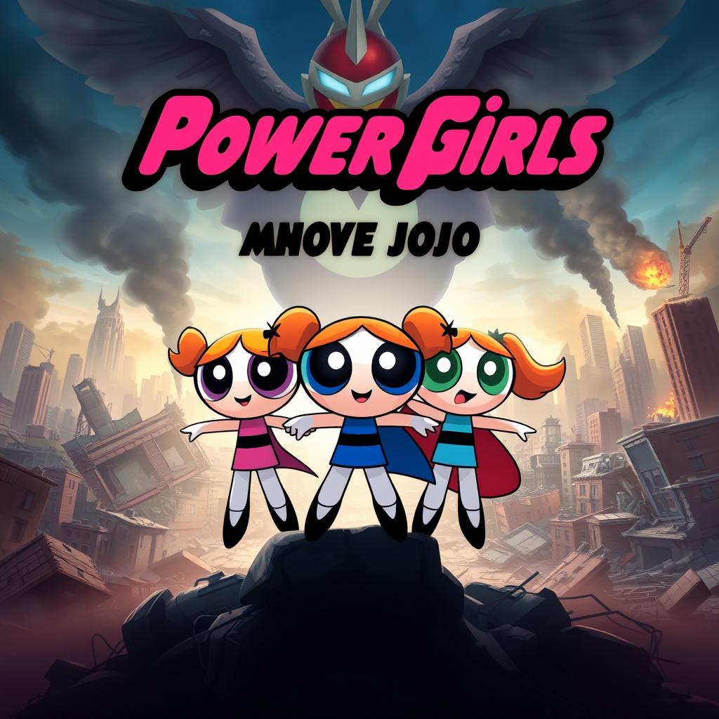 A dramatic and action-packed movie poster featuring the Powerpuff Girls standing heroically in the foreground