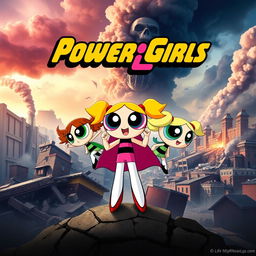 A dramatic and action-packed movie poster featuring the Powerpuff Girls standing heroically in the foreground
