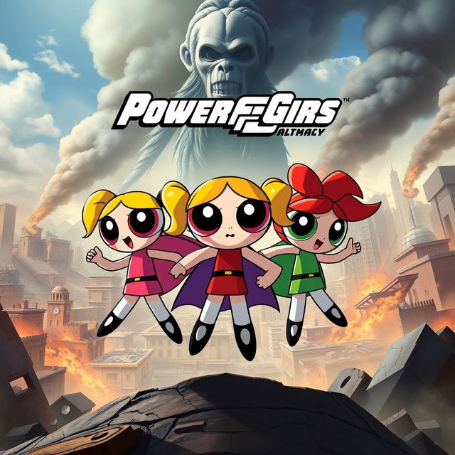 A dramatic and action-packed movie poster featuring the Powerpuff Girls standing heroically in the foreground