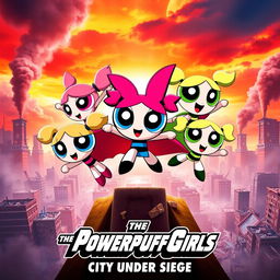 A vibrant movie poster for a film featuring the Powerpuff Girls, showcasing them in action against a backdrop of a city devastated by the villainous Mojo Jojo