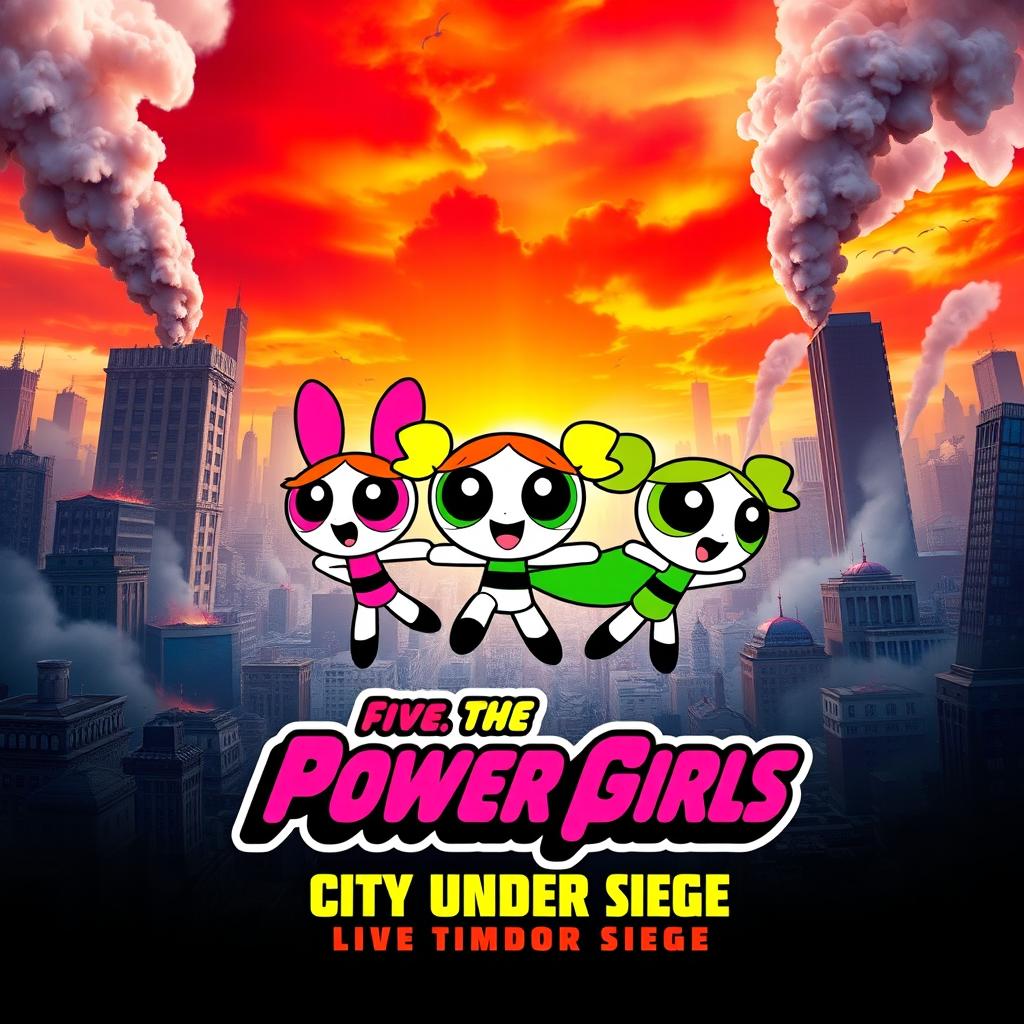 A vibrant movie poster for a film featuring the Powerpuff Girls, showcasing them in action against a backdrop of a city devastated by the villainous Mojo Jojo