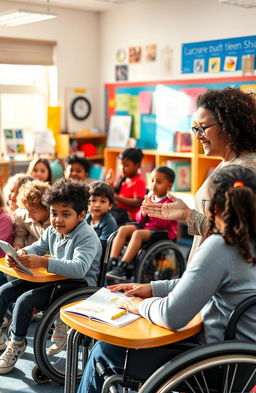 A diverse classroom scene showcasing inclusive education, featuring students of various backgrounds and abilities actively participating in learning