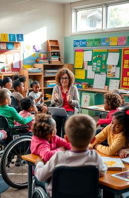 A diverse classroom scene showcasing inclusive education, featuring students of various backgrounds and abilities actively participating in learning