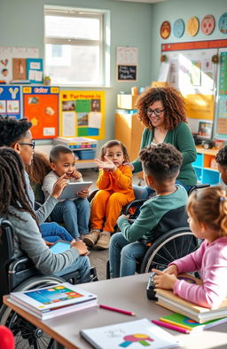 A diverse classroom scene showcasing inclusive education, featuring students of various backgrounds and abilities actively participating in learning