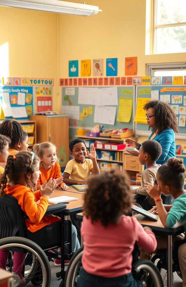 A diverse classroom scene showcasing inclusive education, featuring students of various backgrounds and abilities actively participating in learning