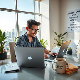 A person sitting at a modern desk, deeply focused on their laptop, surrounded by financial charts and investment books