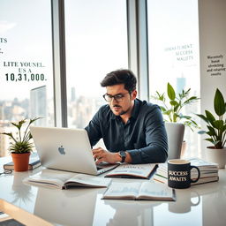A person sitting at a modern desk, deeply focused on their laptop, surrounded by financial charts and investment books