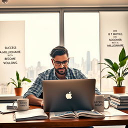 A person sitting at a modern desk, deeply focused on their laptop, surrounded by financial charts and investment books
