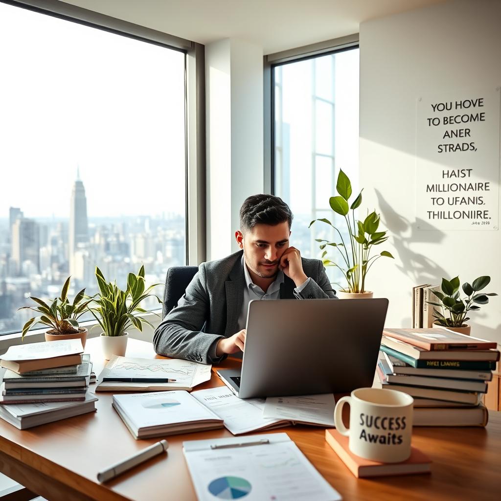 A person sitting at a modern desk, deeply focused on their laptop, surrounded by financial charts and investment books