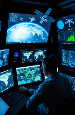 A high-tech control room filled with advanced screens displaying satellite imagery and data analytics, showcasing modern intelligence technology