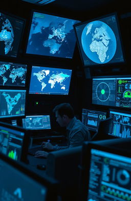 A high-tech control room filled with advanced screens displaying satellite imagery and data analytics, showcasing modern intelligence technology