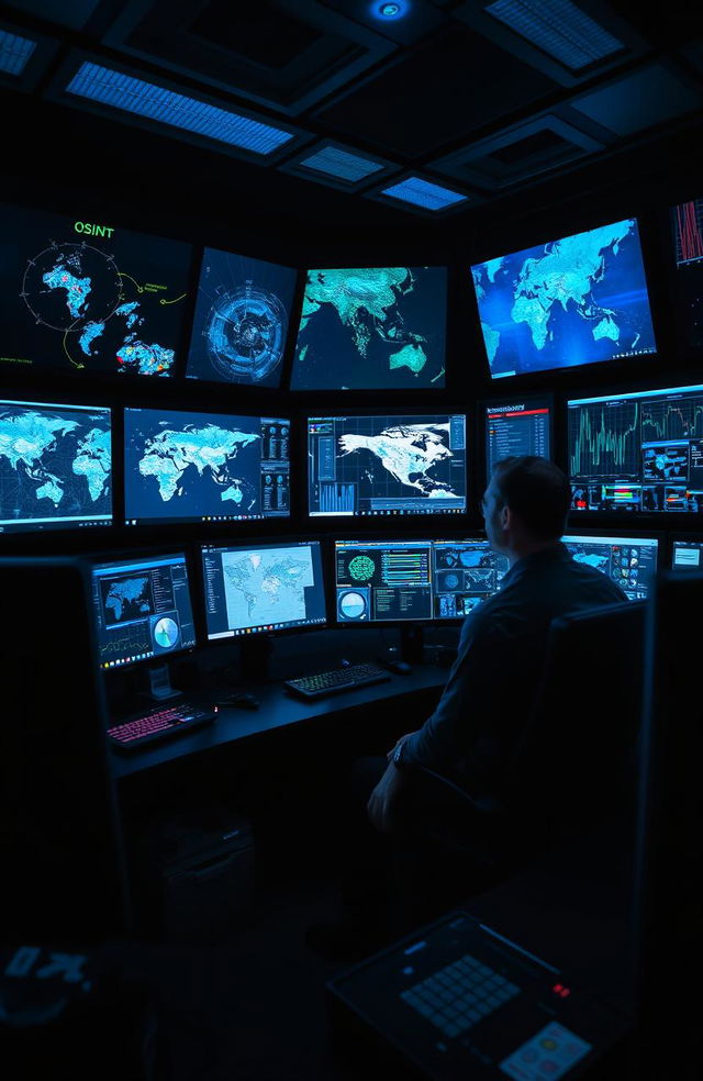 A high-tech control room filled with advanced screens displaying satellite imagery and data analytics, showcasing modern intelligence technology