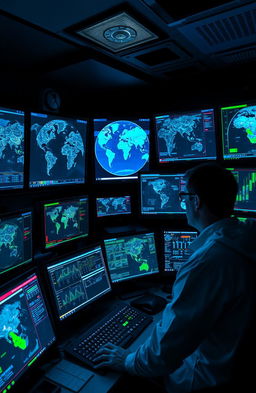 A high-tech control room filled with advanced screens displaying satellite imagery and data analytics, showcasing modern intelligence technology