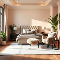 A beautifully redesigned bedroom featuring a cozy atmosphere with warm lighting